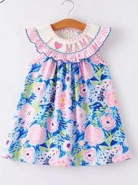 Embroidered I ♥ MAMA Floral Ruffle-Trim Girls Dress in Pink & Blue